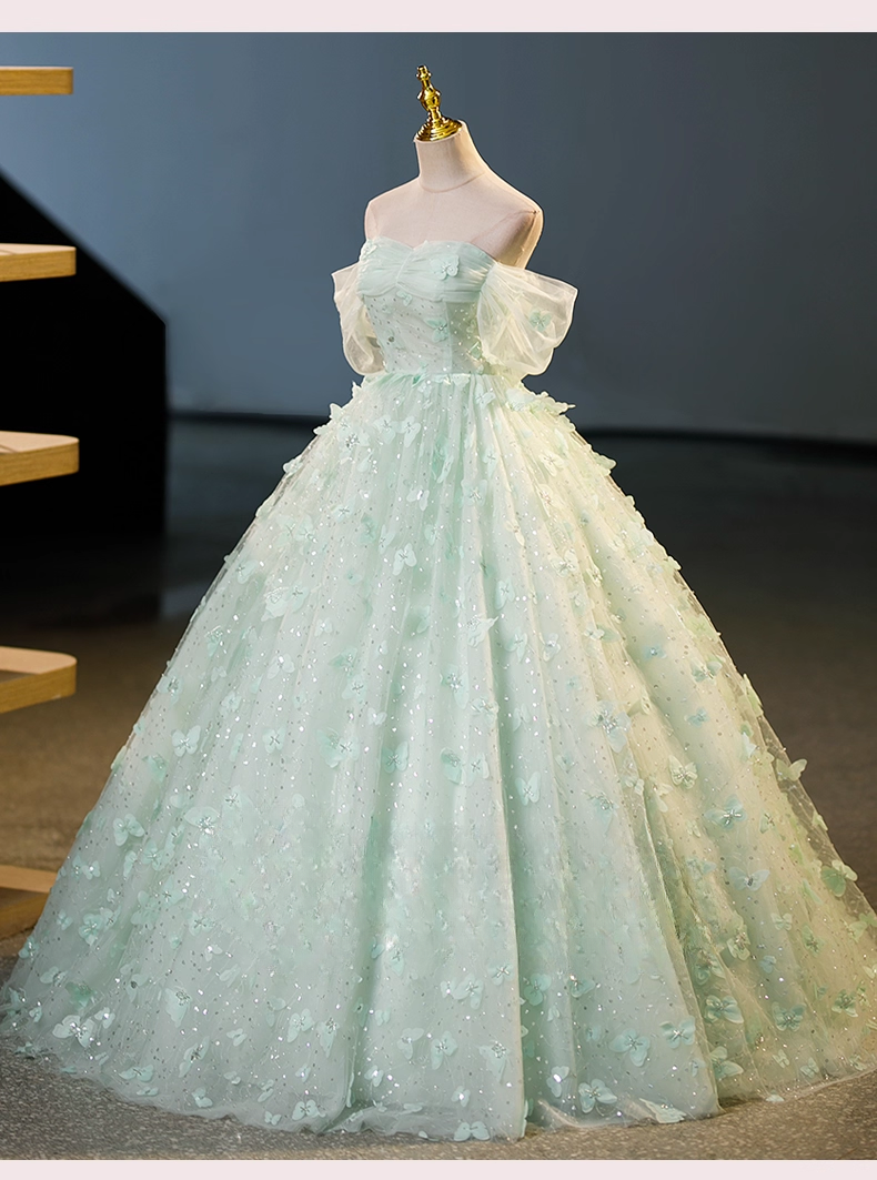 Vintage Light Green Tulle Sweet 16 Quinceanera Sweetheart Off-the-shoulder 3D Flowers Evening Dress A-Line Floor Length Ball Gown DP6911
