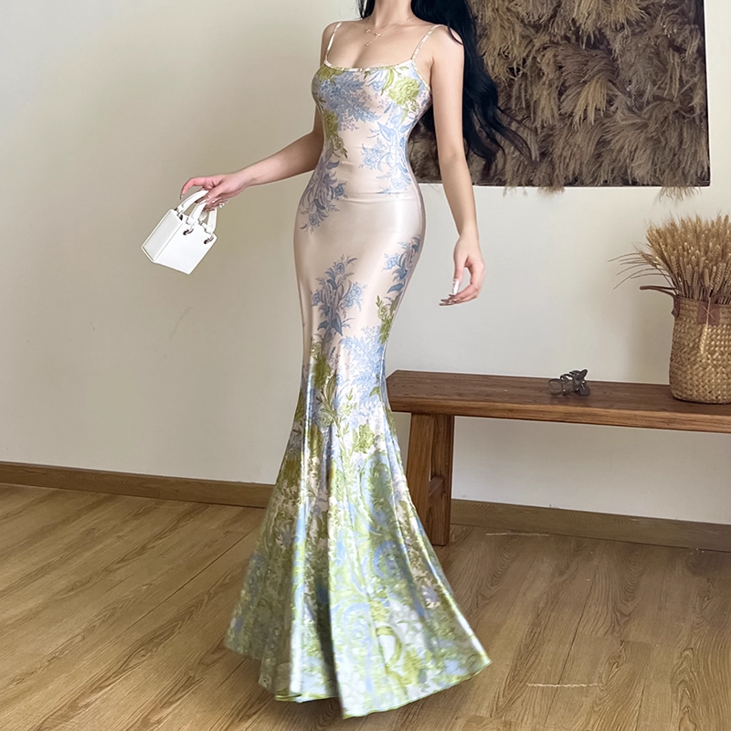 Elegant Floral Spaghetti Strap Mermaid Long Summer Dress Prom Dress Evening Dress DP6406