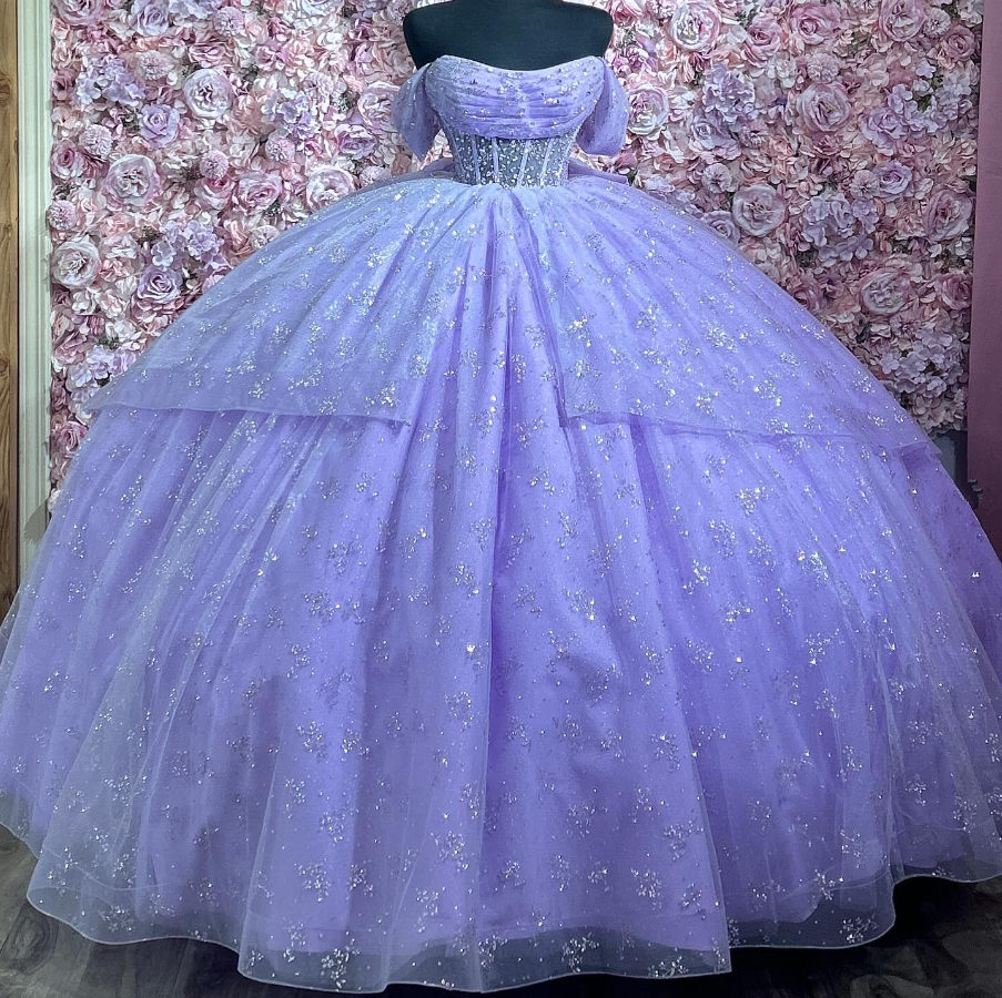 Robe de bal lilas en tulle à paillettes et épaules dénudées pour 16 ans, DP3355