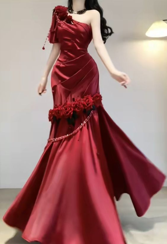 Wine Red Rose One Shoulder Mermaid Long Party Dress Birthday Dress, DP3076