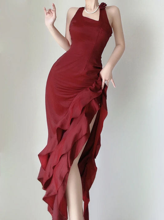 Sexy Burgunderrot Neckholder Meerjungfrau Rüschen Langes Abendkleid Geburtstags-Outfits, DP5387