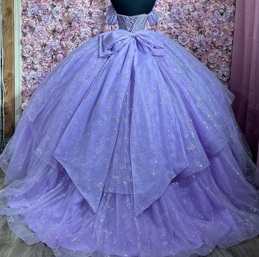 Lilafarbenes schulterfreies Tüllkleid mit Pailletten, Ballkleid zum 16. Geburtstag, DP3355