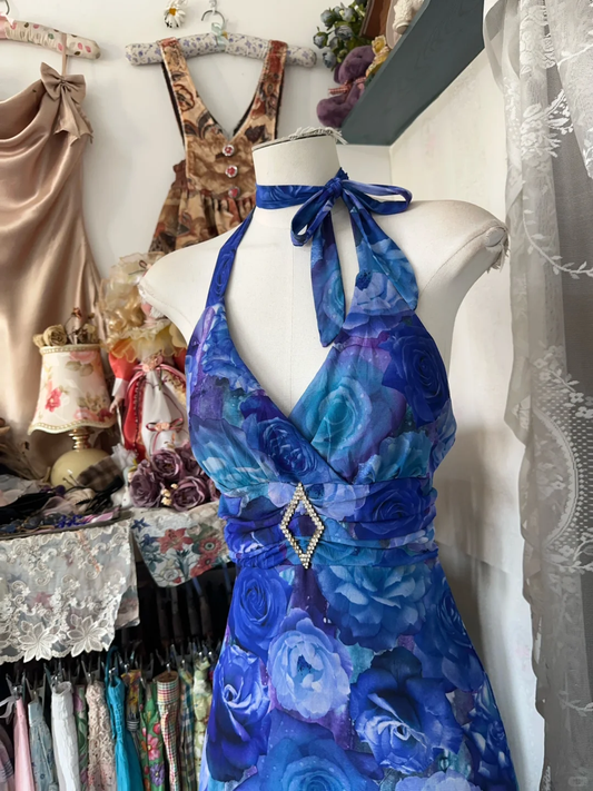 Robe de soirée longue vintage bleu marine à fleurs, col licou, coupe trapèze, DP6381