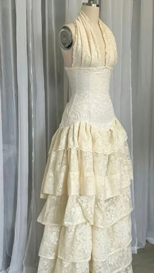 Vintage Halter Lace Tiered Ivory Long Prom Dress Birthday Outfits, DP3327