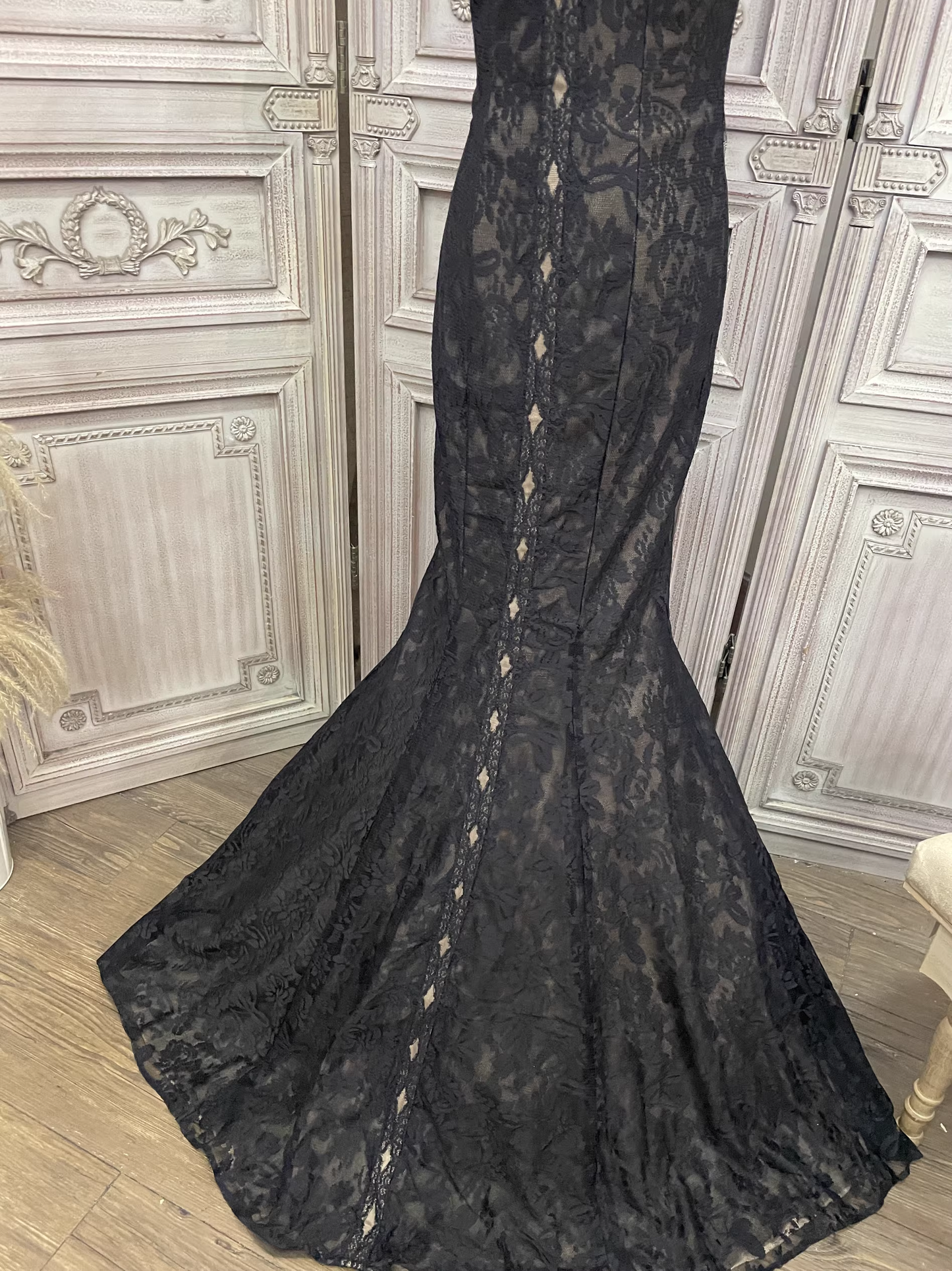 Vintage Black Strapless Mermaid Lace Evening Gown Sheer Floral Embroidery Formal Prom Dress DP7593