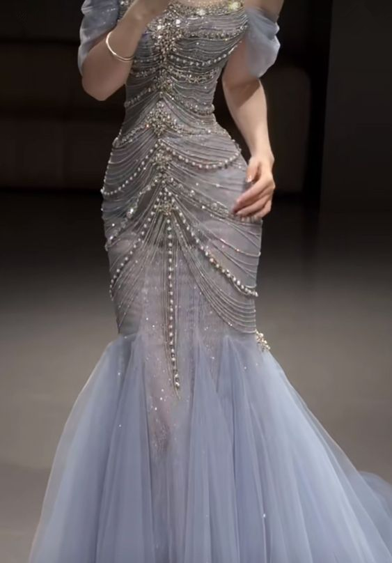 Light Blue Off Shoulder Beading Gorgeous Mermaid Long Prom Dress, DP3077