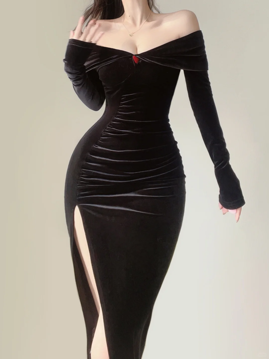 Sexy Black Off Shoulder Mermaid Velvet Long Evening Dress Birthday Outfits, DP5388