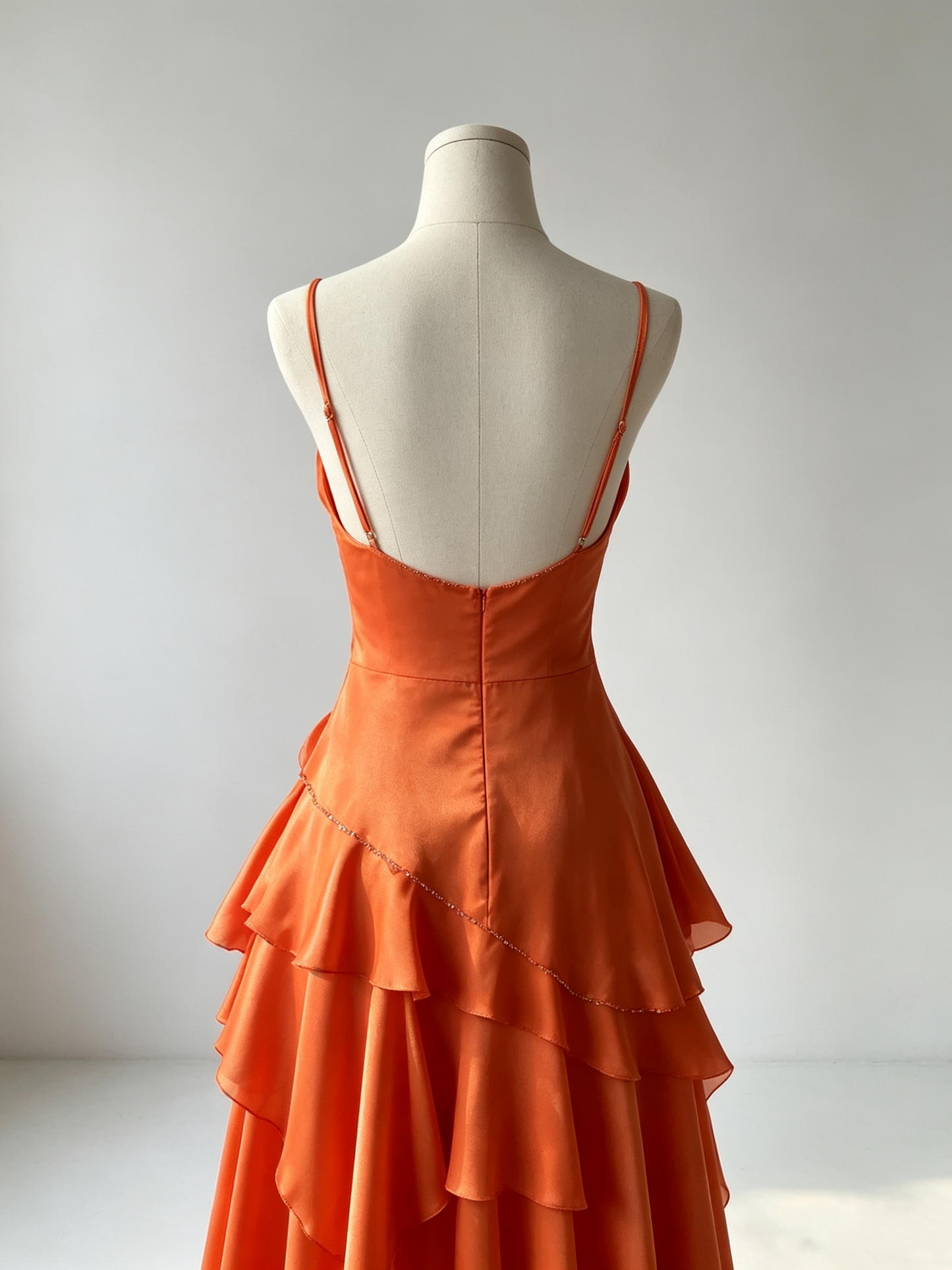Elegant Orange Spaghetti Strap Beaded Tiered Ruffle A-Line Prom Evening Dress DP8661