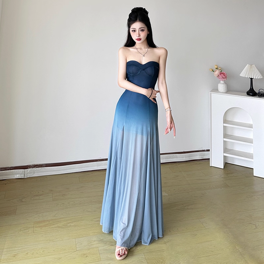 Simple Gradient Blue Sweetheart Strapless A-Line Summer Dresses Prom Dress Evening Dress DP6340