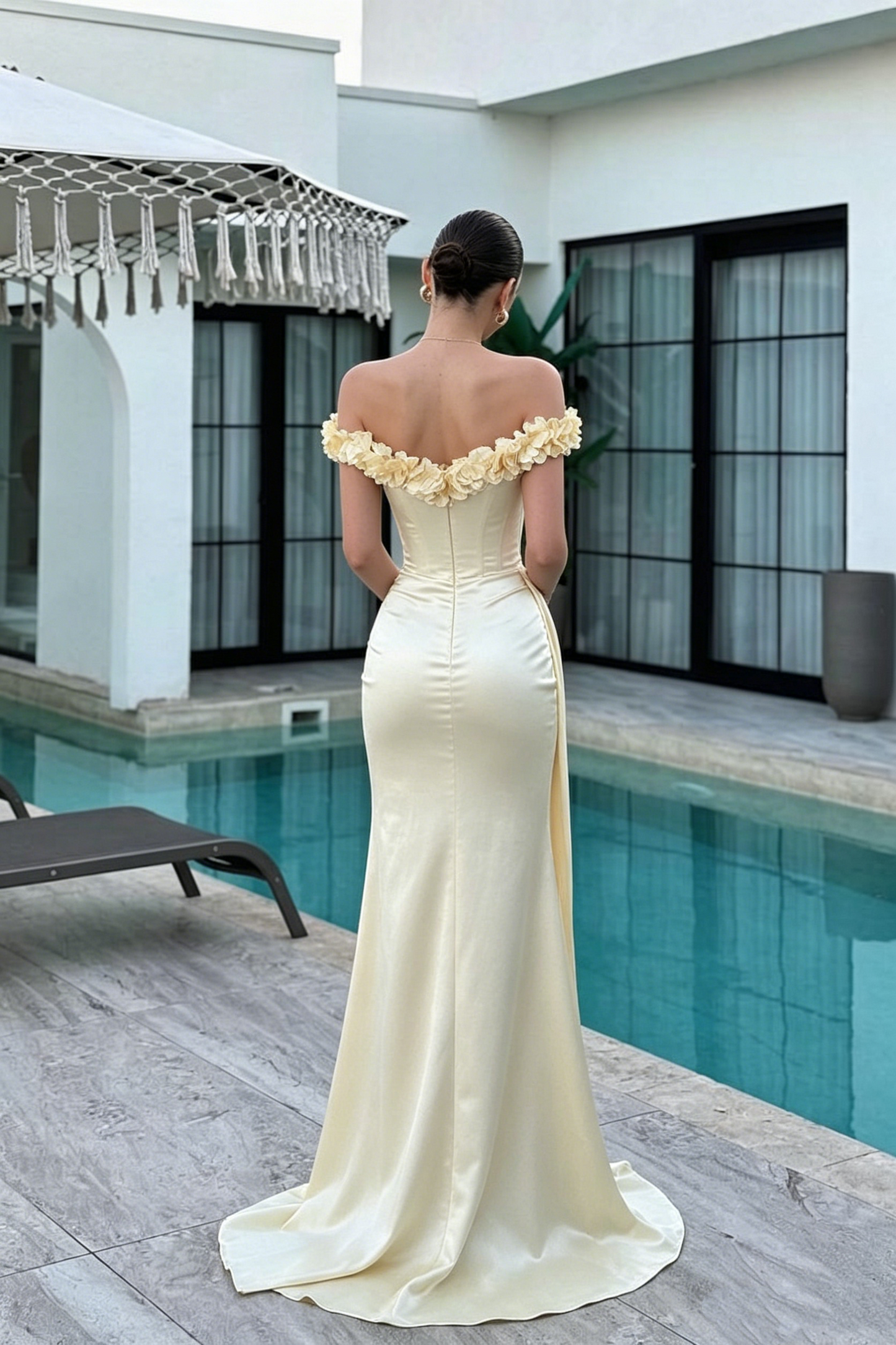 Vintage Hellgelbes Satin Off-Shoulder 3D Blumen Abiballkleid DP8431