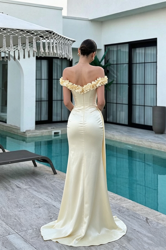 Vintage Hellgelbes Satin Off-Shoulder 3D Blumen Abiballkleid DP8431