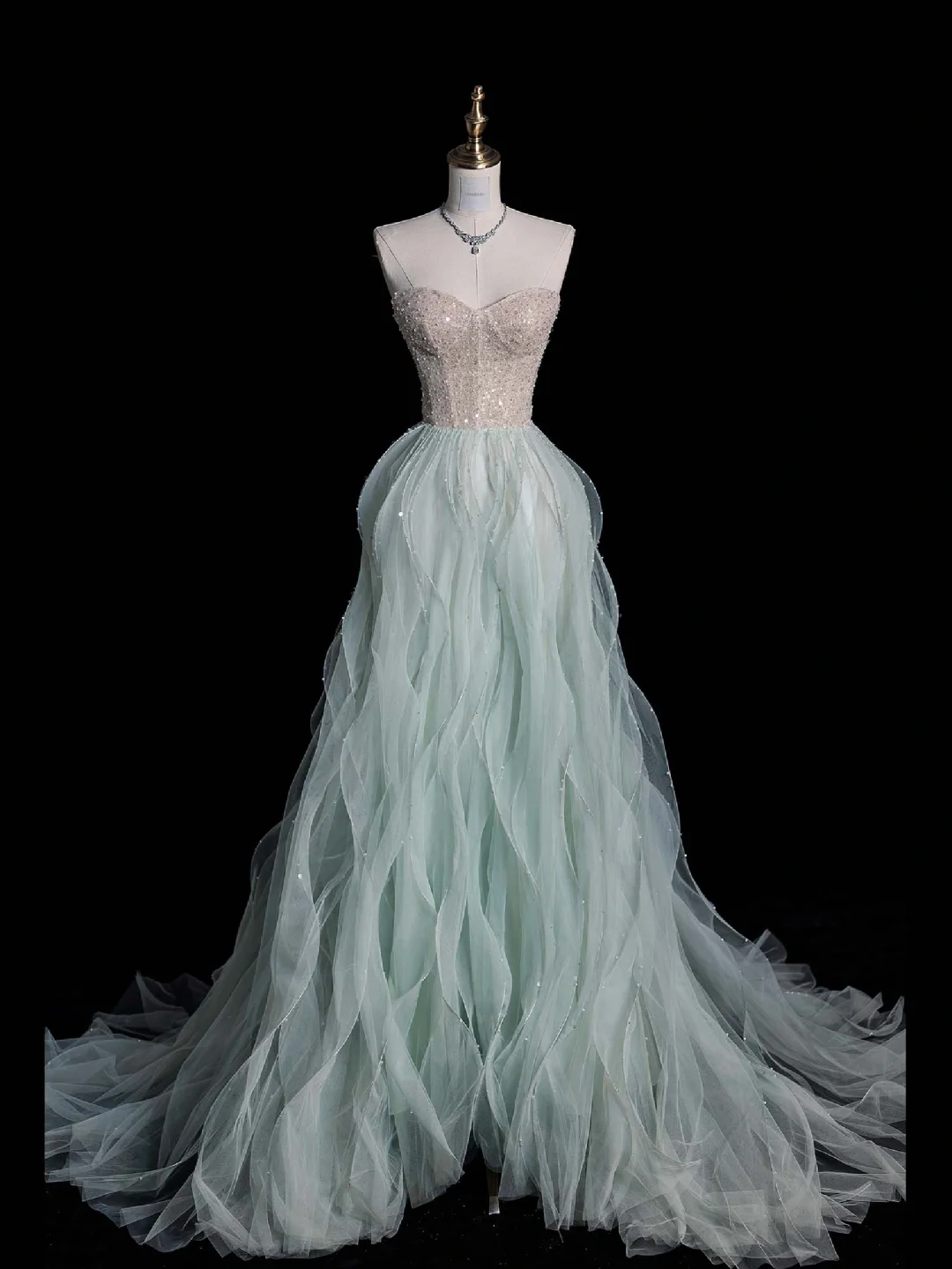 Light Green Strapless A-Line Ruffles Long Evening Party Dress Birthday Outfits, DP5351
