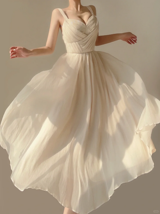 Elegantes elfenbeinfarbenes A-Linien-Chiffon-Kleid mit rückenfreiem Rücken und Trägern, langes Partykleid, Geburtstagsoutfits, DP5389