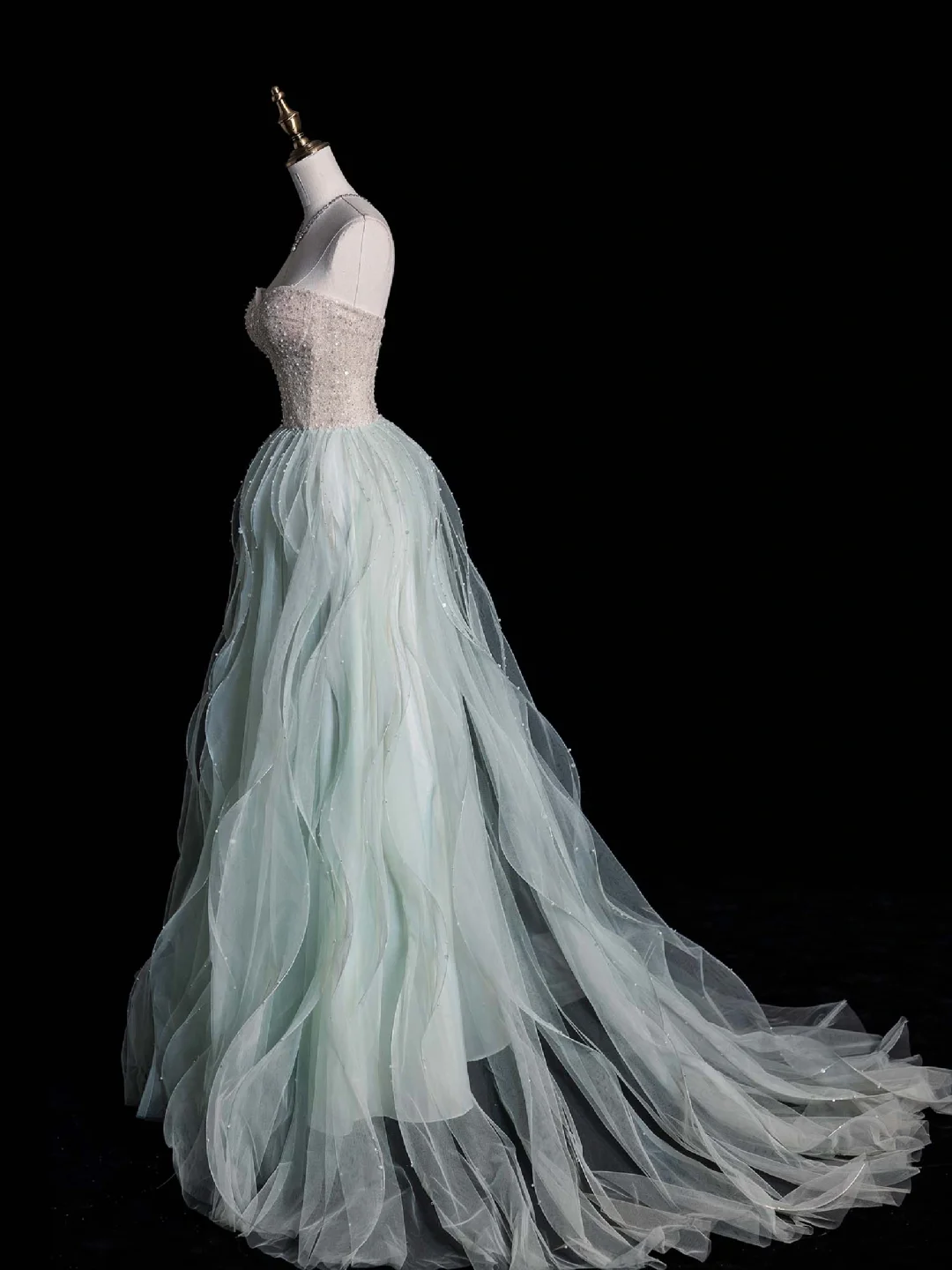 Light Green Strapless A-Line Ruffles Long Evening Party Dress Birthday Outfits, DP5351