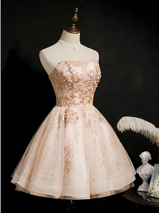Vintage Champagne Applique Beaded Strapless Design A-line Tulle Party Dress Homecoming Dress DP6063