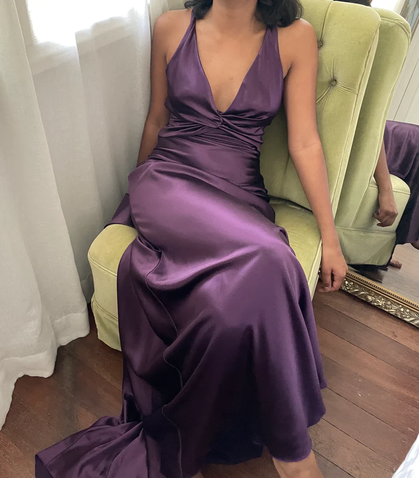 Robe de soirée longue noire en satin simple, col en V, dos nu, DP3019