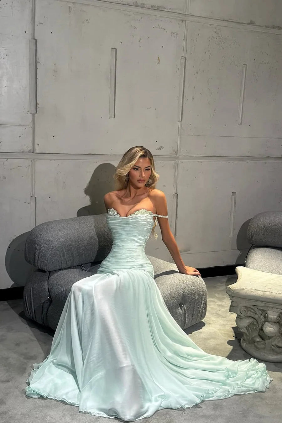 Élégante robe de bal en mousseline vert menthe, bustier à épaules dénudées, froncée, encolure en cœur, perles, robe de soirée formelle DP8231