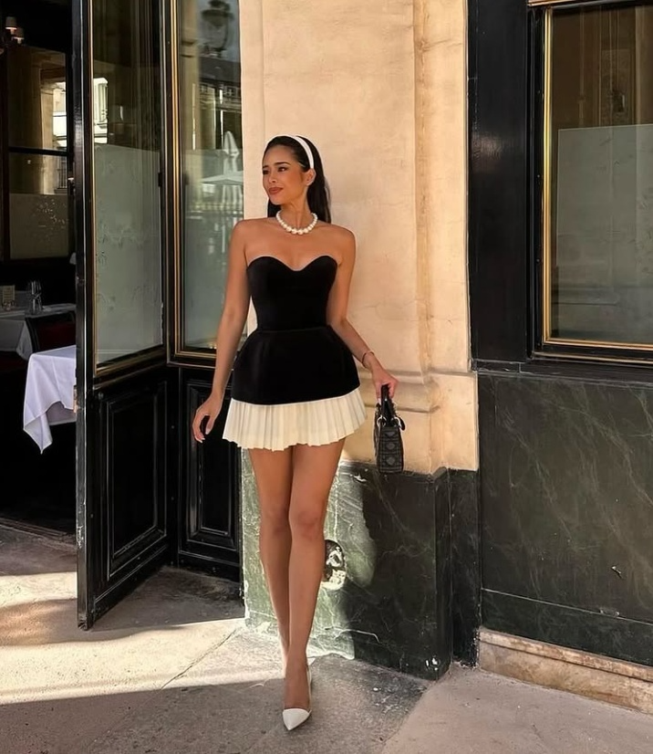 Robe courte plissée noire et ivoire sans bretelles, coupe trapèze, tenue de soirée d'anniversaire, DP3036