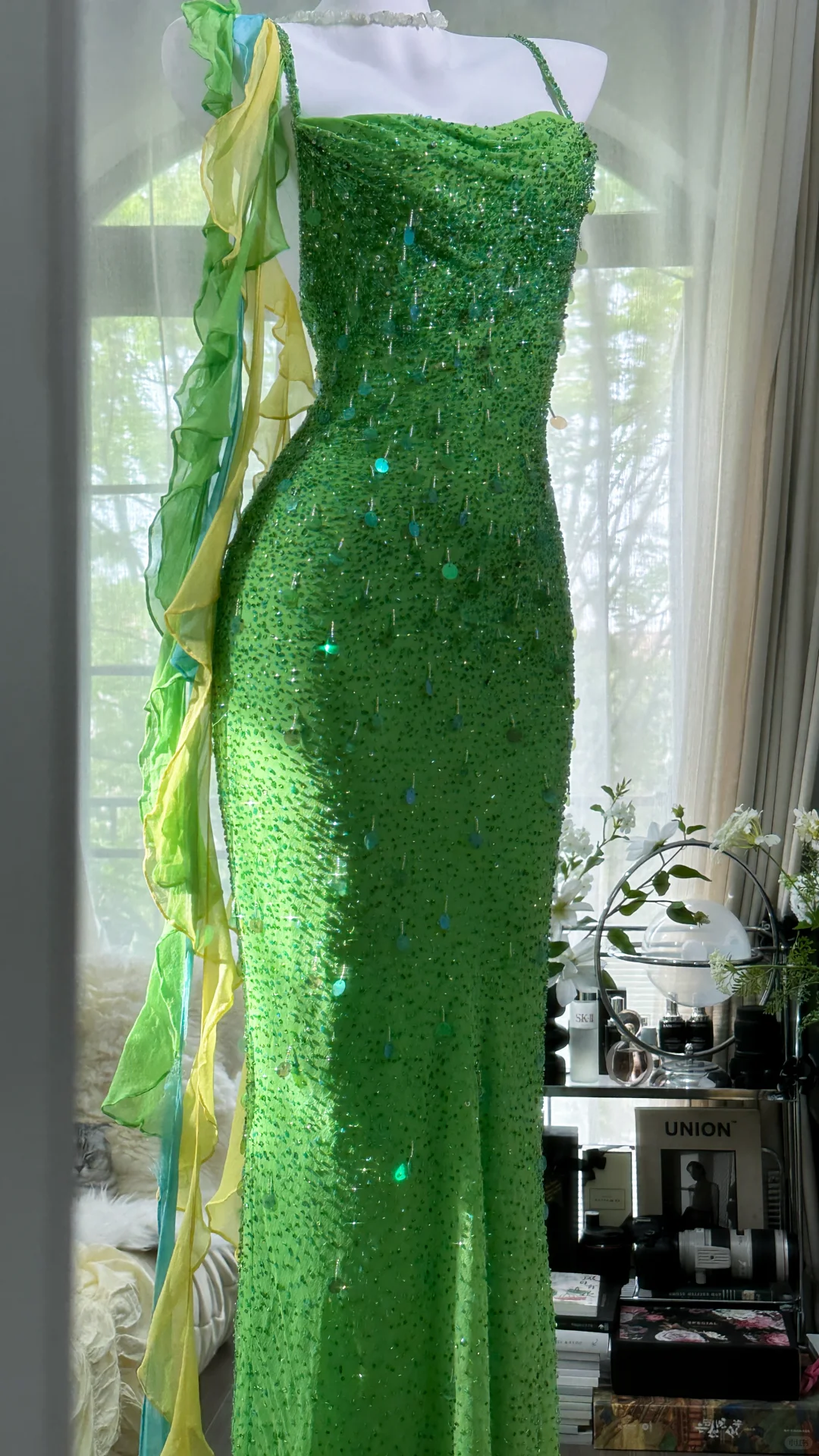 Vintage Shiny Sequin Green Spaghetti Strap Design A-line Romantic Chiffon Evening Dress Prom Dress DP6026