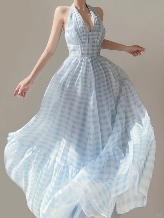 Light Blue Halter Neck A-Line Wedding Guest Dress Pretty Party Dress, DP5390