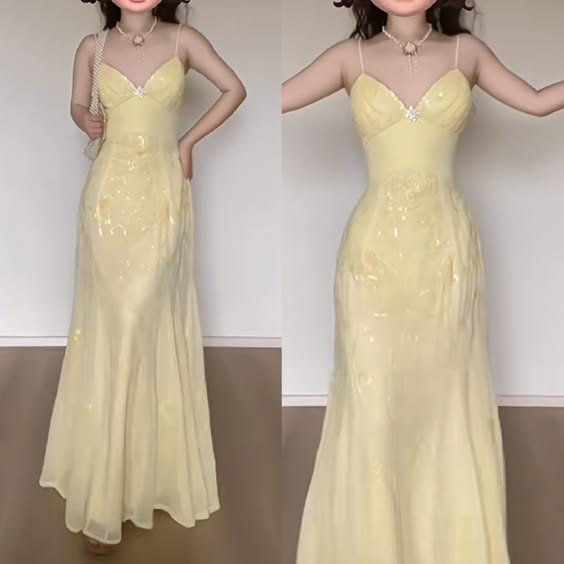 Robe longue jaune à bretelles spaghetti, robe de soirée vintage, DP3622