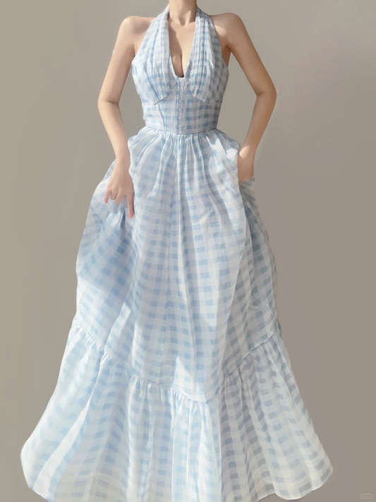 Light Blue Halter Neck A-Line Wedding Guest Dress Pretty Party Dress, DP5390