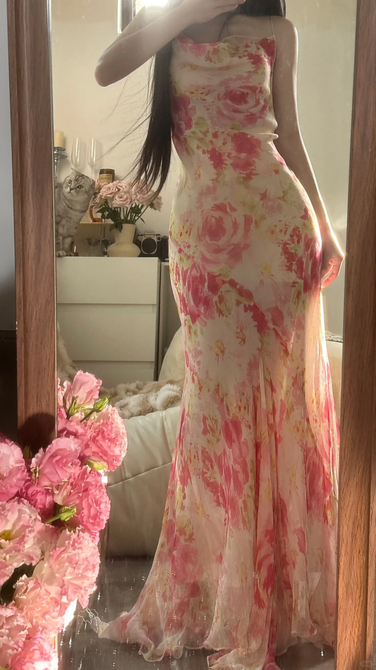 Retro Pink Floral Spaghetti Strap Design Elegant Chiffon Evening Dress DP5994