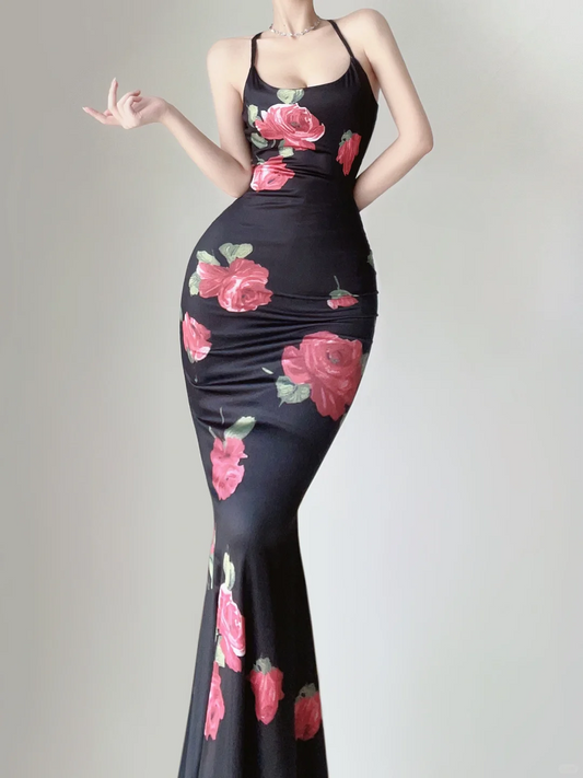 Sexy Black Rose Straps Mermaid Satin Long Evening Party Dress Birthday Dress, DP5391