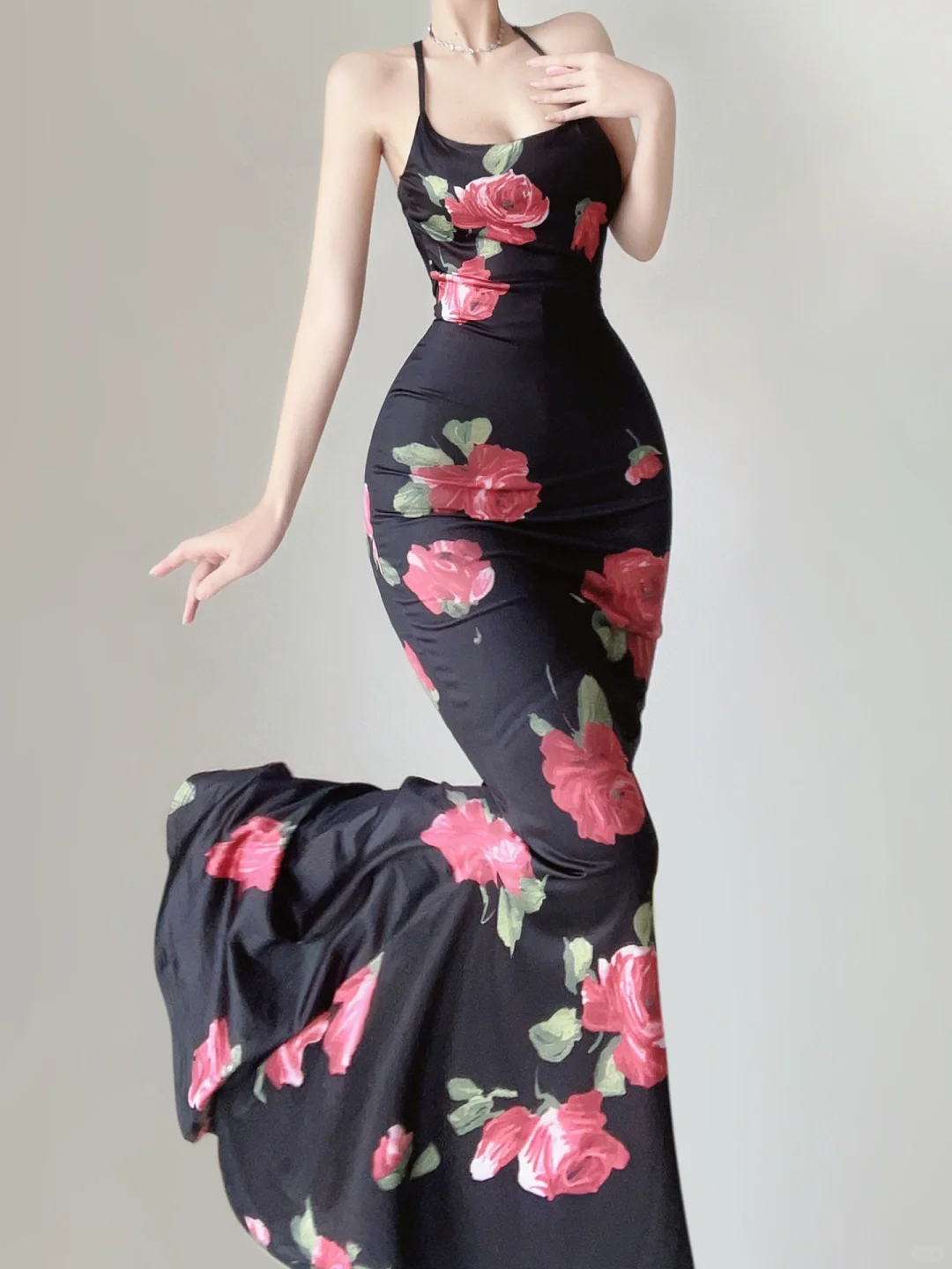 Sexy Black Rose Straps Mermaid Satin Long Evening Party Dress Birthday Dress, DP5391