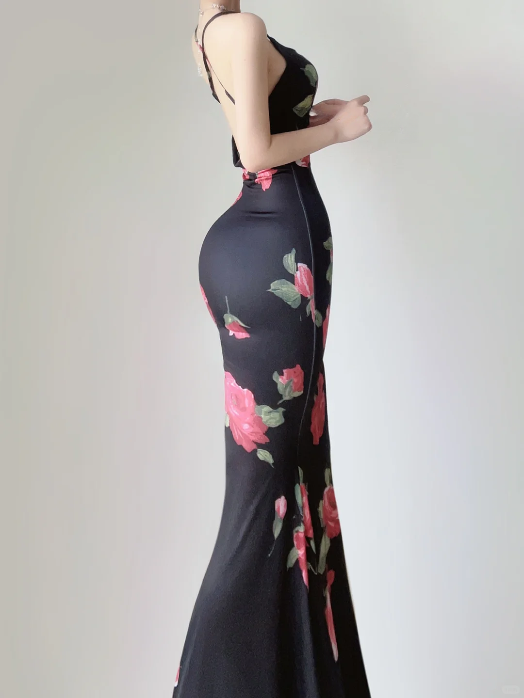 Sexy Black Rose Straps Mermaid Satin Long Evening Party Dress Birthday Dress, DP5391
