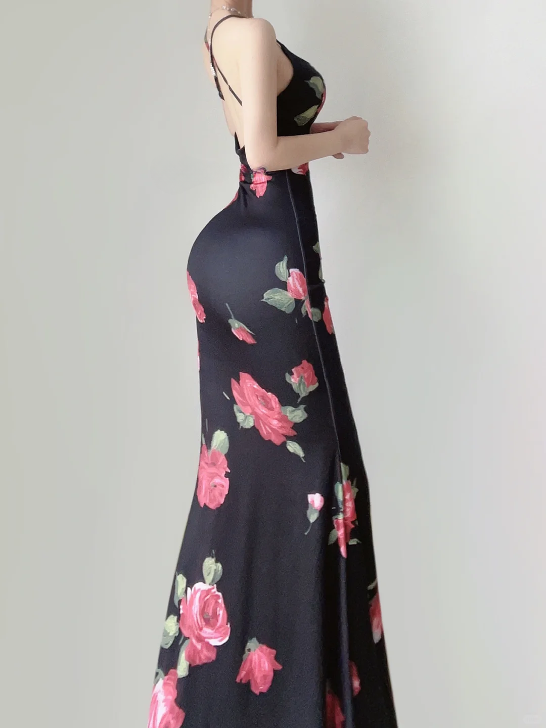 Sexy Black Rose Straps Mermaid Satin Long Evening Party Dress Birthday Dress, DP5391