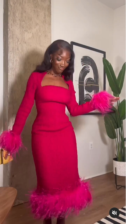 Hot Pink Long Sleeves Midi Length Black Girl Party Dress with Feather,DP1186