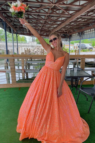 Fuchsia Pailletten Spaghettiträger A-Linie Langes Ballkleid,DP0192