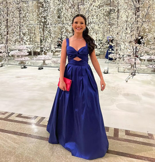 Marineblaues, elegantes, langes Partykleid mit A-Linien-Trägern, DP2610