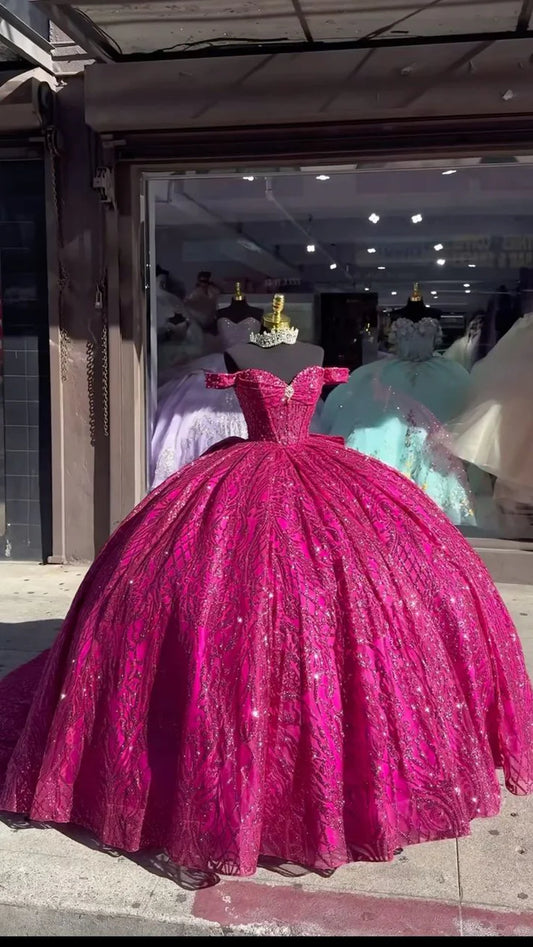 Elegant Hot Pink Sequin Off-the-shoulder Sweet 16 Quinceanera A-Line Tulle Floor-length Prom Dress Birthday Dress Evening Dress Ball Gown DP6505