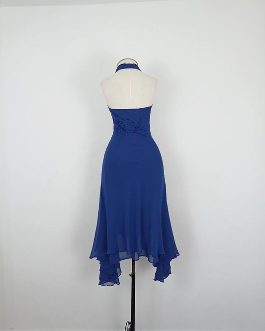 Blaues Neckholder A-Linie V-Ausschnitt Vintage Midi Partykleider Cocktailkleider, DP5665