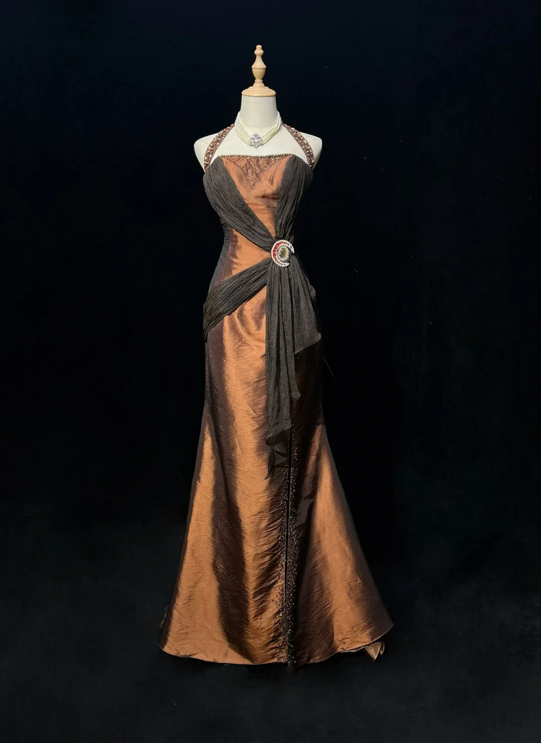 Brown Halter Neck Mermaid Beaded Satin Long Formal Prom Dress Evening Dress, DP5323