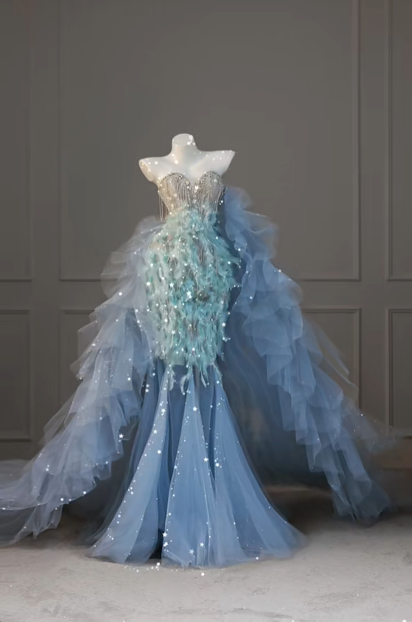 Stunning Blue Strapless Mermaid Beading Long Evening Dresses Birthday Outfits, DP5197