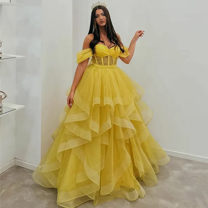Robe de soirée trapèze jaune en tulle à épaules dénudées, DP2674