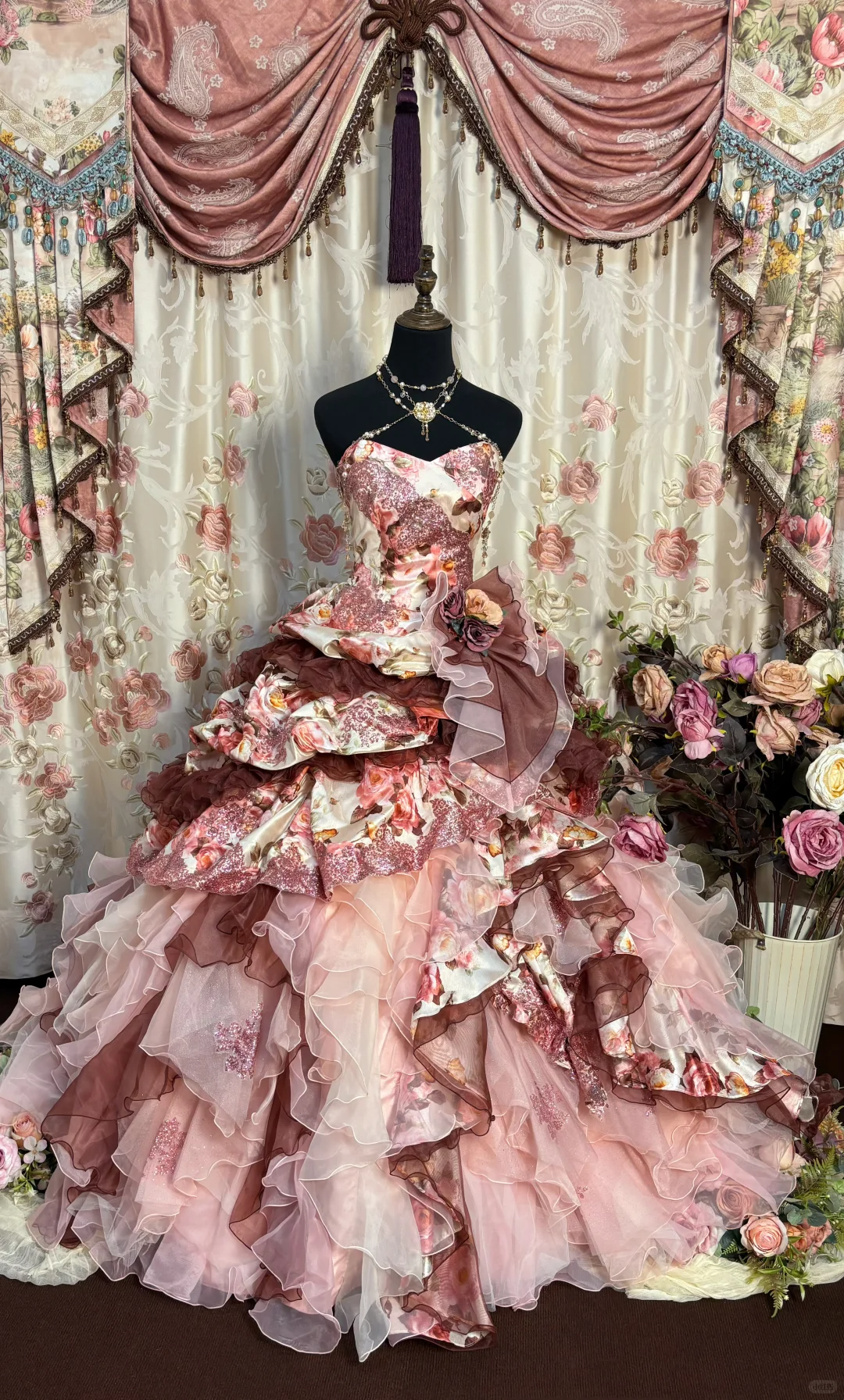 Retro Strapless A-Line Printed Floral Quinceanera Dress Birthday Ball Gown, DP5133