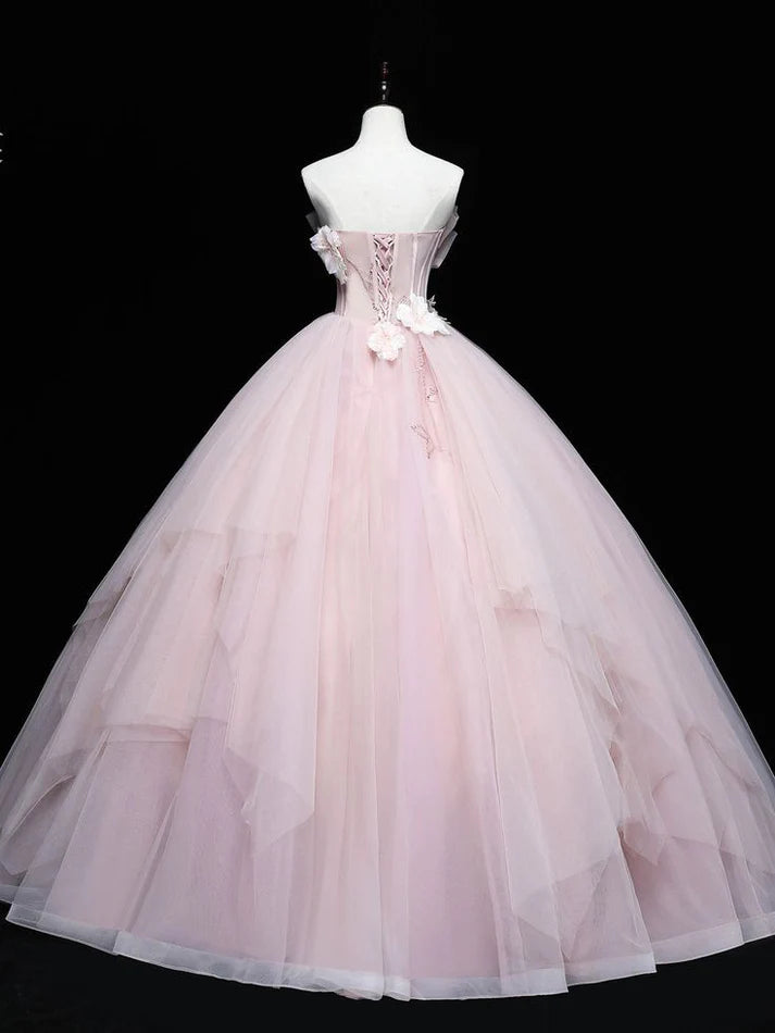 Simple Pink Applique Strapless Sweet 16 Quinceanera A-Line Tulle Floor-length Prom Dress Birthday Dress Evening Dress Ball Gown DP6458