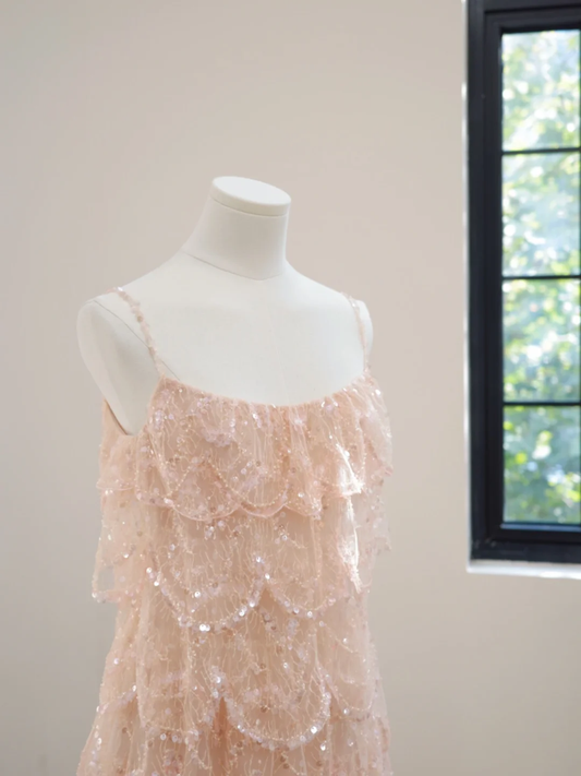 Light Pink Straps Lace Sequins Short Party Dress Mini Birthday Outfits, DP5162