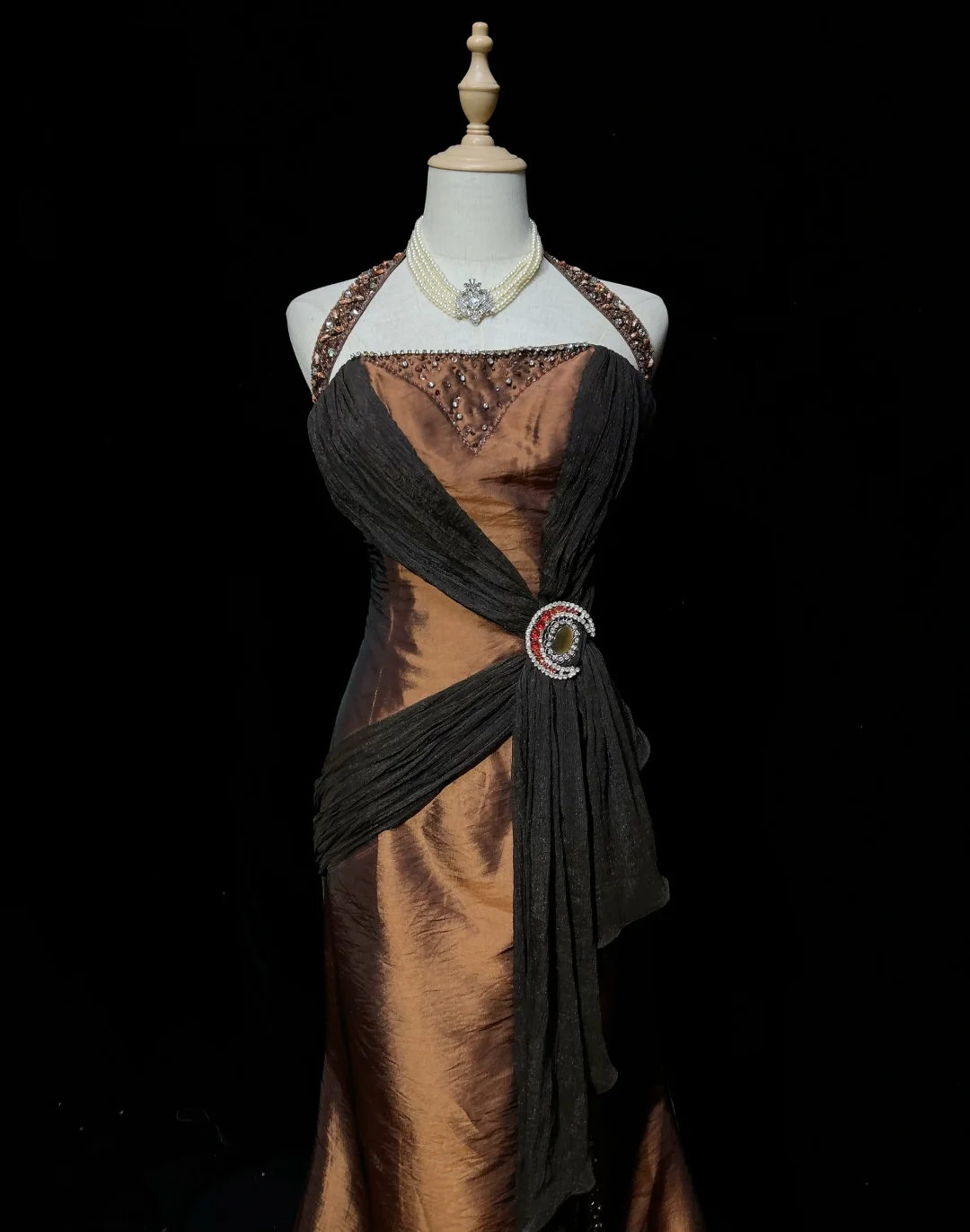 Brown Halter Neck Mermaid Beaded Satin Long Formal Prom Dress Evening Dress, DP5323