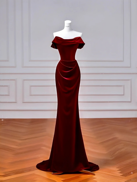 Robe de soirée longue sirène bordeaux élégante à épaules dénudées, tenue d'anniversaire, DP5169