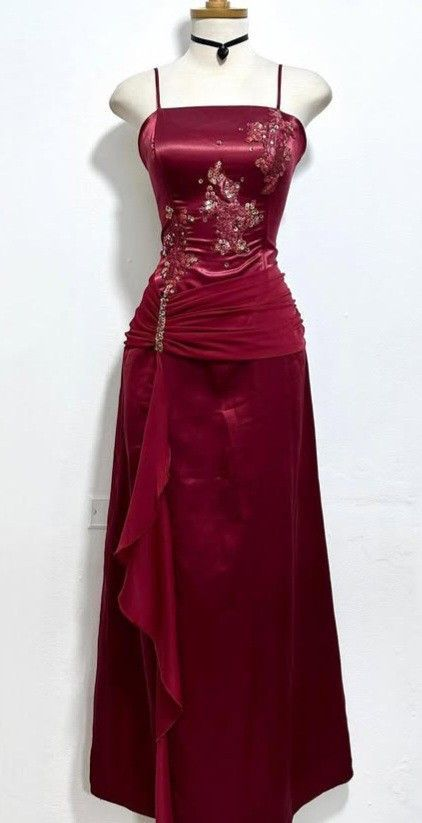 Wine Red Straps Sheath Satin Beading Vintage Party Dress Long Evening Dress, DP4911