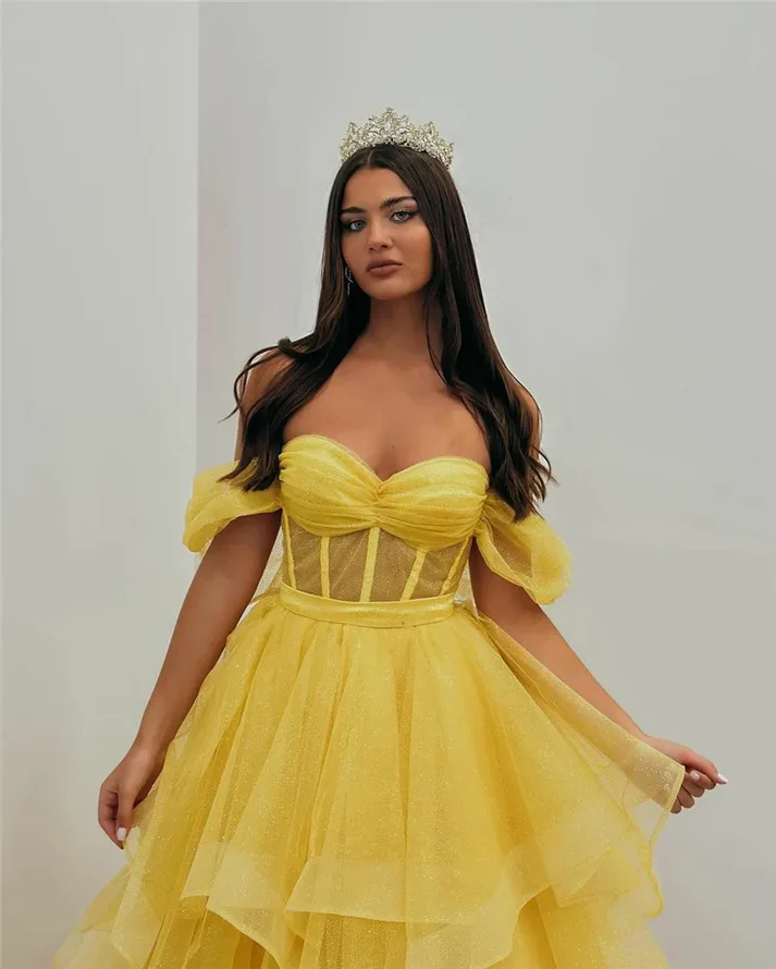 Robe de soirée trapèze jaune en tulle à épaules dénudées, DP2674