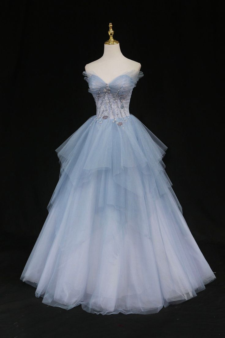 Light Blue Sweetheart A-Line Beading Tulle Long Prom Dress Birthday Outfit, DP3358