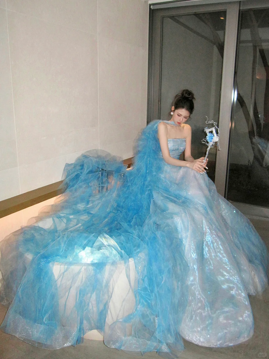 Blue Strapless A-Line Tulle Beading Long Evening Dress Birthday Ball Gown, DP5235