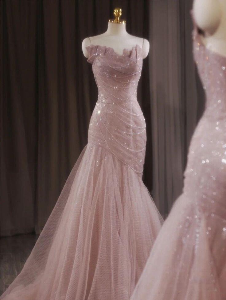 Rosa Träger Tüll Meerjungfrau Wunderschönes langes Partykleid Abendkleid, DP3165
