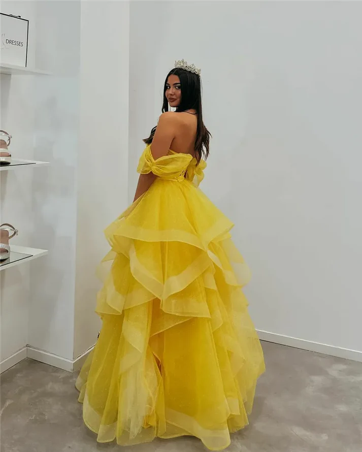 Robe de soirée trapèze jaune en tulle à épaules dénudées, DP2674